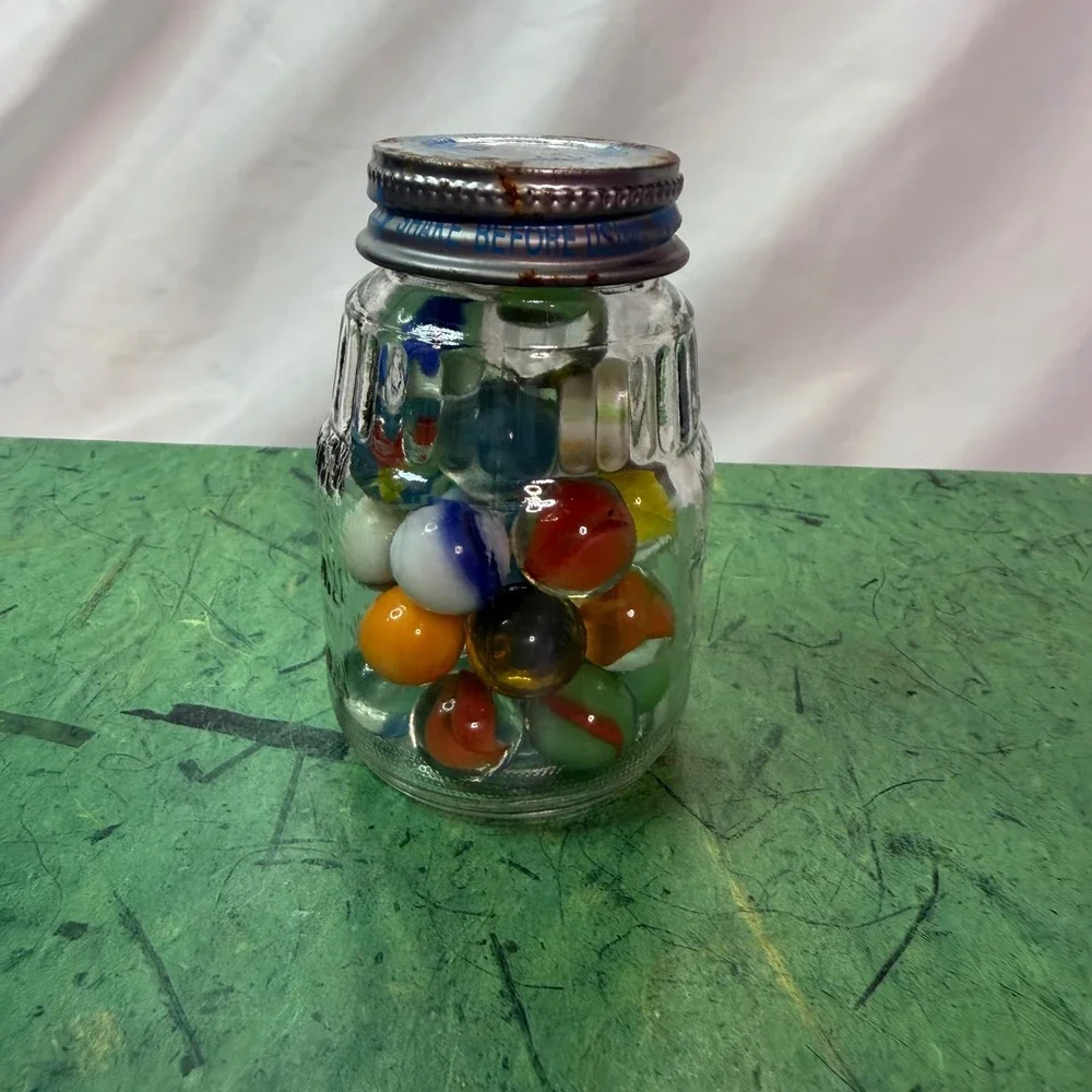 Vintage Assorted Glass Marbles in 1980 Gerber Baby Food Jar Retro Collection Lot